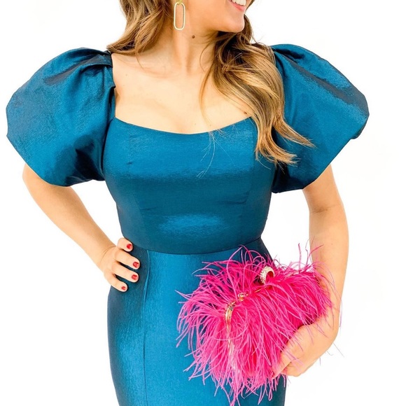 Teal Crepe Puff Sleeve Mermaid Style Ball Gown, Sz M (NWT) - Picture 3 of 3